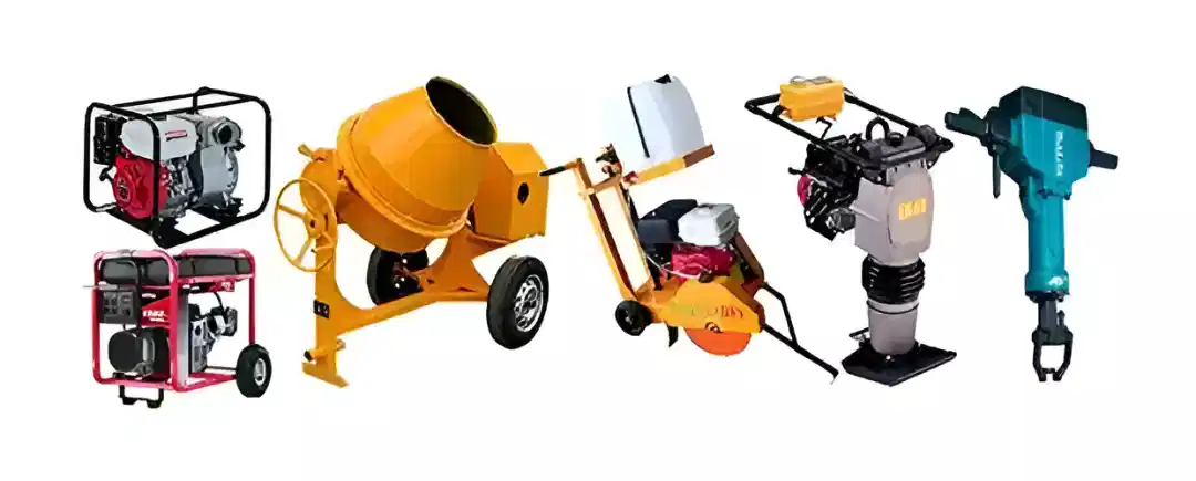 Equipos menores de construcción: generadores, mezcladora, cortadora de concreto, pisón compactador y martillo neumático